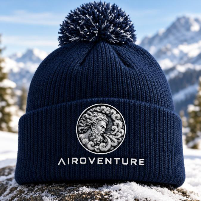 Navy AiroVenture pom beanie with the medallion and wordmark on the cuff