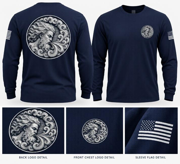 Navy AiroVenture long-sleeve tee, back and front, with back logo, chest logo and sleeve flag details