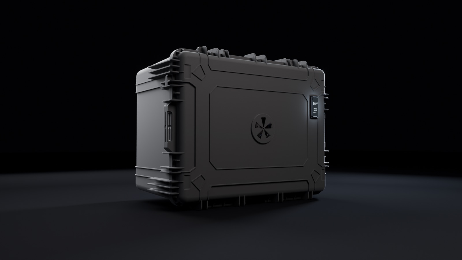 AiroVenture case render, three-quarter view with live display